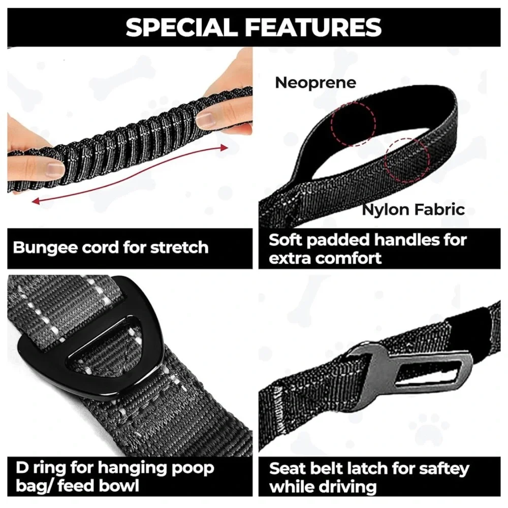 Heavy Duty Dual Handle Dog Leash with Bungee Cord, Seat Belt Loop, Poop Bag